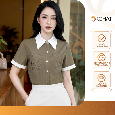 Áo Sơ Mi Nữ 𝐂𝐂𝐇𝐀𝐓 Dáng Suông Elara Túi Smocking Trang Trí Chất Liệu Cao Cấp 16FNT2143ST