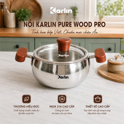 Nồi Inox 316 Cao Cấp Karlin Pure Wood Pro, Size 14cm, Đáy 3 Lớp Không Kén Bếp Từ