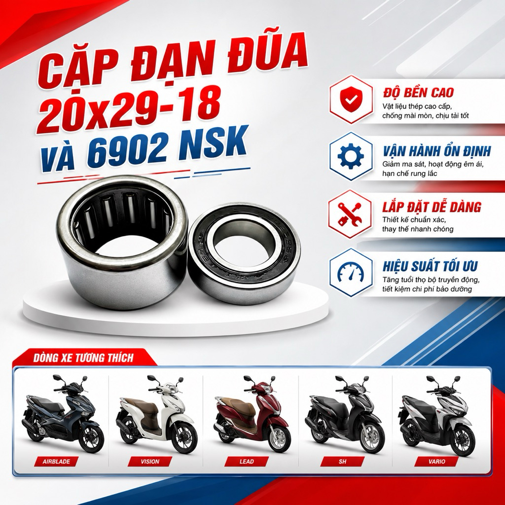 Cặp Bạc Đạn Puly Nồi Sau (Đạn đũa và vòng bi 6902) Xe Airblade, Vision, Lead, Ab SH Vairo...