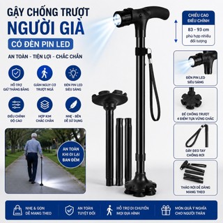 Gậy Chống Cho Người Già Dạng Gấp Gọn, Có Kết Hợp Đèn Pin, Đế Chống Trượt Hỗ Trợ Đi Lại Tiện Lợi, An Toàn