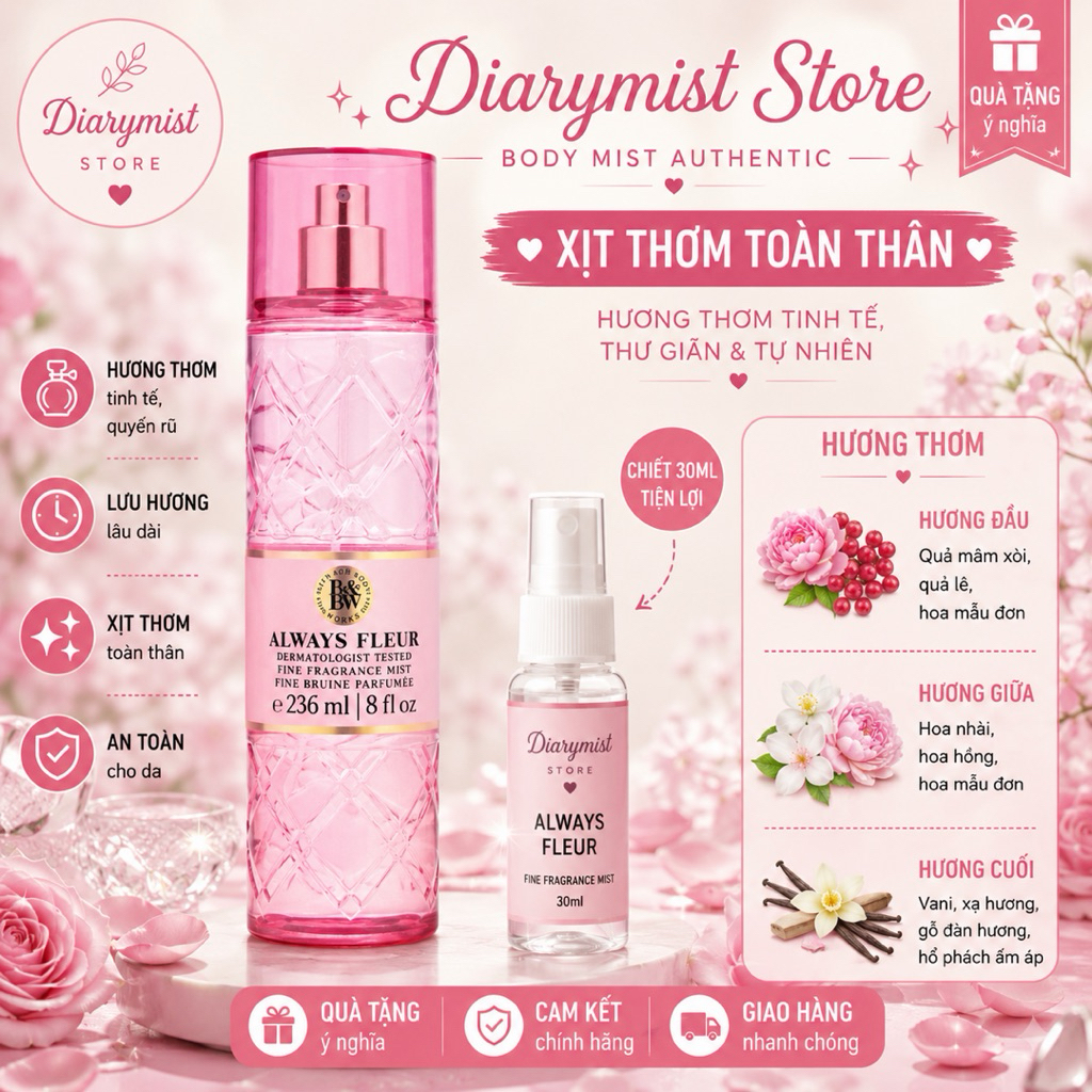𝐃𝐢𝐚𝐫𝐲𝐦𝐢𝐬𝐭.𝐬𝐭𝐨𝐫𝐞 Xịt Thơm Toàn Thân Body mist Bath & Body Works - Always Fleur