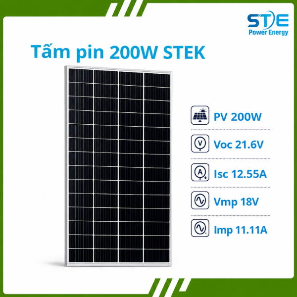 Tấm Pin Năng Lượng Mặt Trời STEK SOLAR Mono 200W STE POWER ENERGY 18V