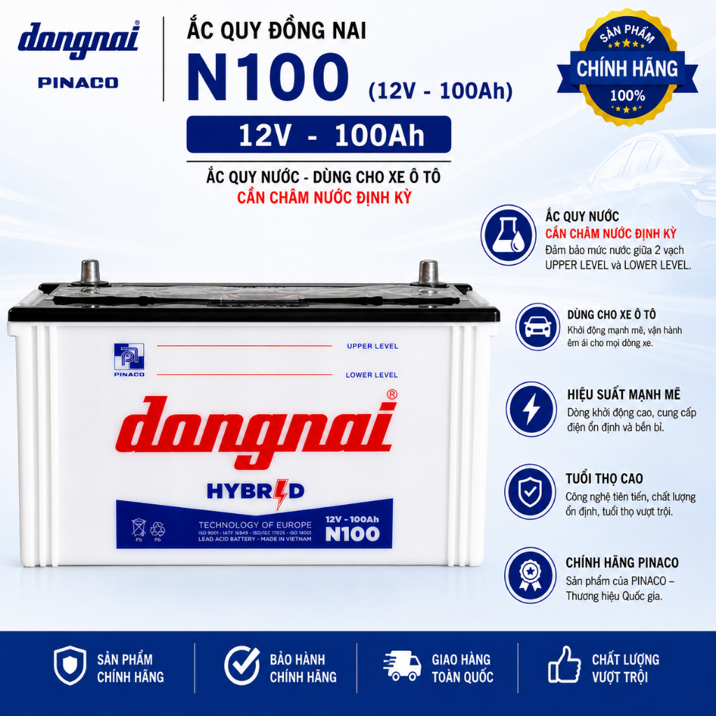 ắc quy nước 12v đồng nai N100 | 12V - 100ah ( tặng acid châm bình ), dùng cho xe tải, máy phát điện