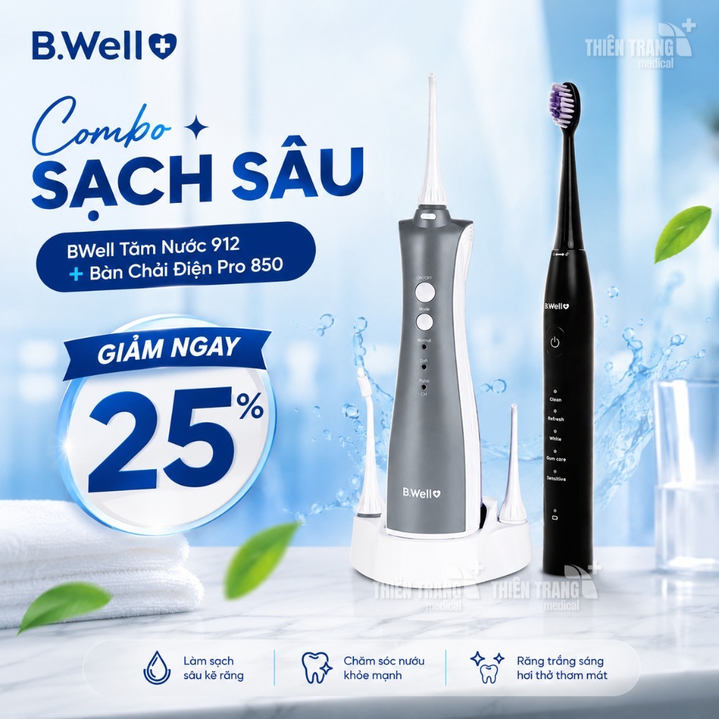 Combo Tăm nước B.Well 912 + Bàn chải điện B.Well Swiss PRO-850 - BH 2 năm 1 đổi 1,  Làm Sạch Răng, c
