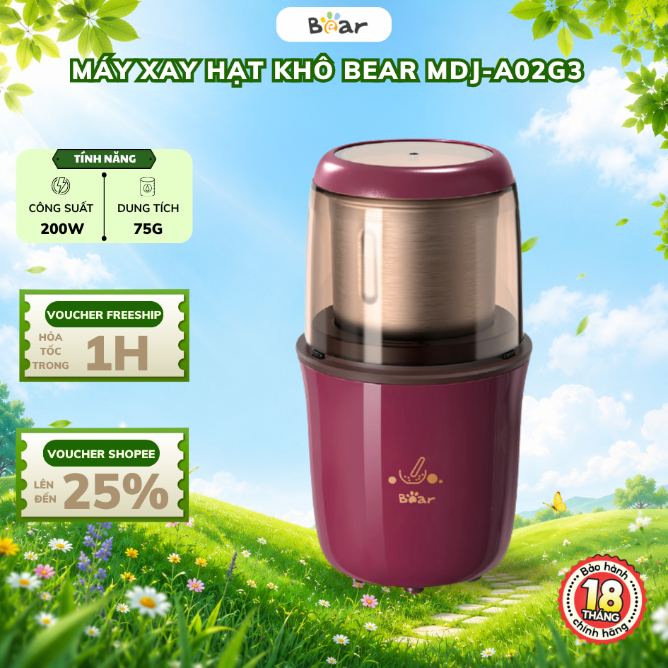 Máy xay hạt khô cầm tay Bear MDJ-A02G3, 200W, Xay nhuyễn hạt cà phê, tiêu, thảo mộc, BH 18 Tháng | BigBuy360 - bigbuy360.vn