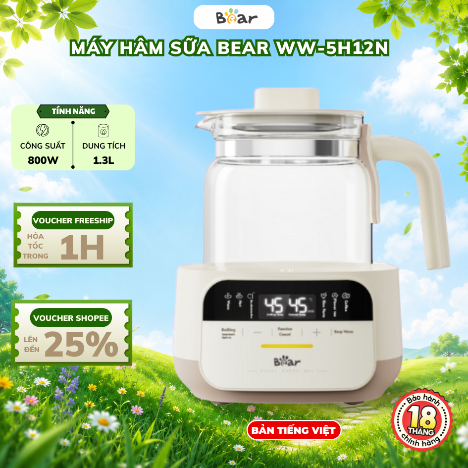 Ấm đun nước và hâm nước pha sữa 1.3L Bear WW-5H12N,800W, Thủy tinh, 7 Chế độ nấu, Giữ Ấm,BH 18 Tháng