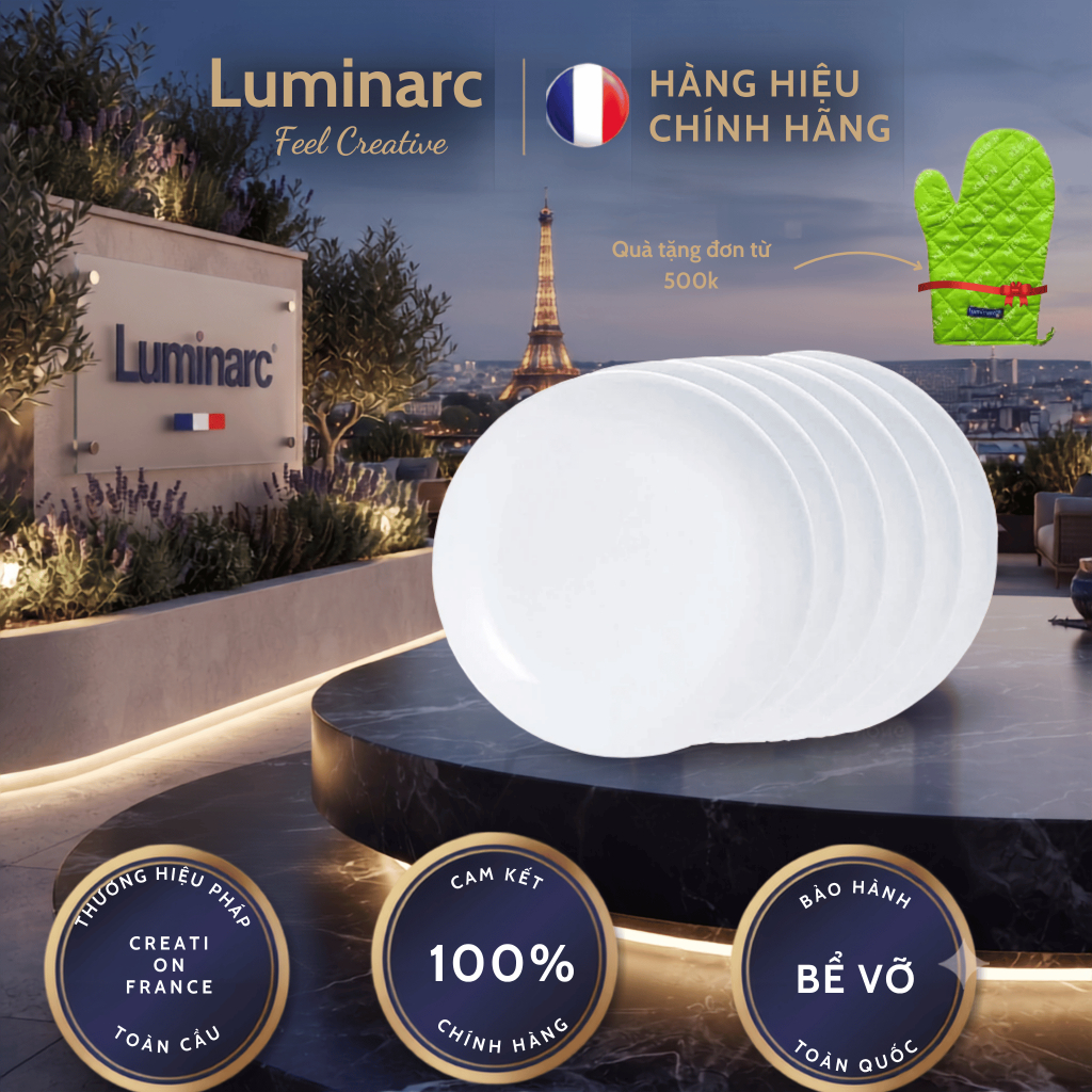 Bộ 6 đĩa (dĩa) thủy tinh Luminarc Diwali 19cm N3603*6, dùng lò vi sóng, máy rửa bát, Hàng chính hãng