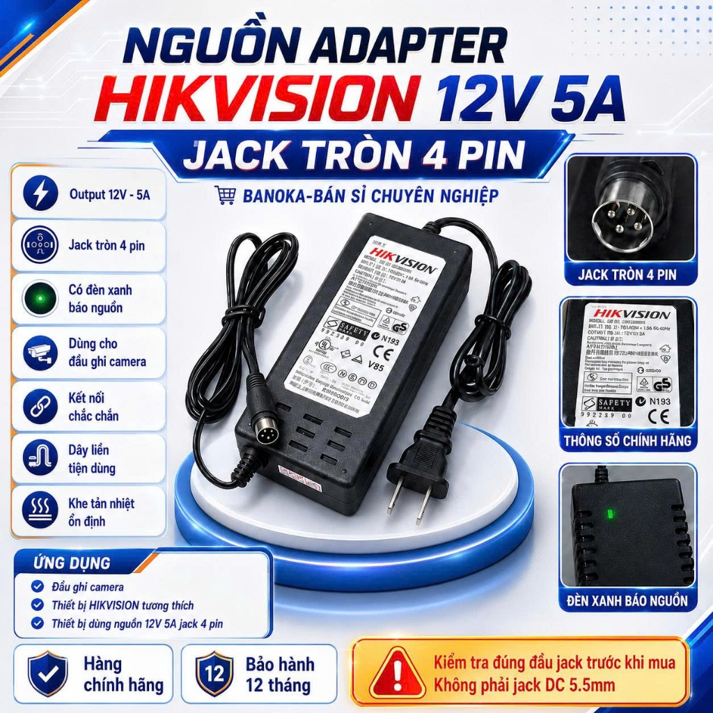 Nguồn Adapter HIKVISION 12V 3A 5A Jack Tròn 4 Pin Cho Đầu Ghi Camera-Nguồn zin 12V-3A/5A Jack 4 pin