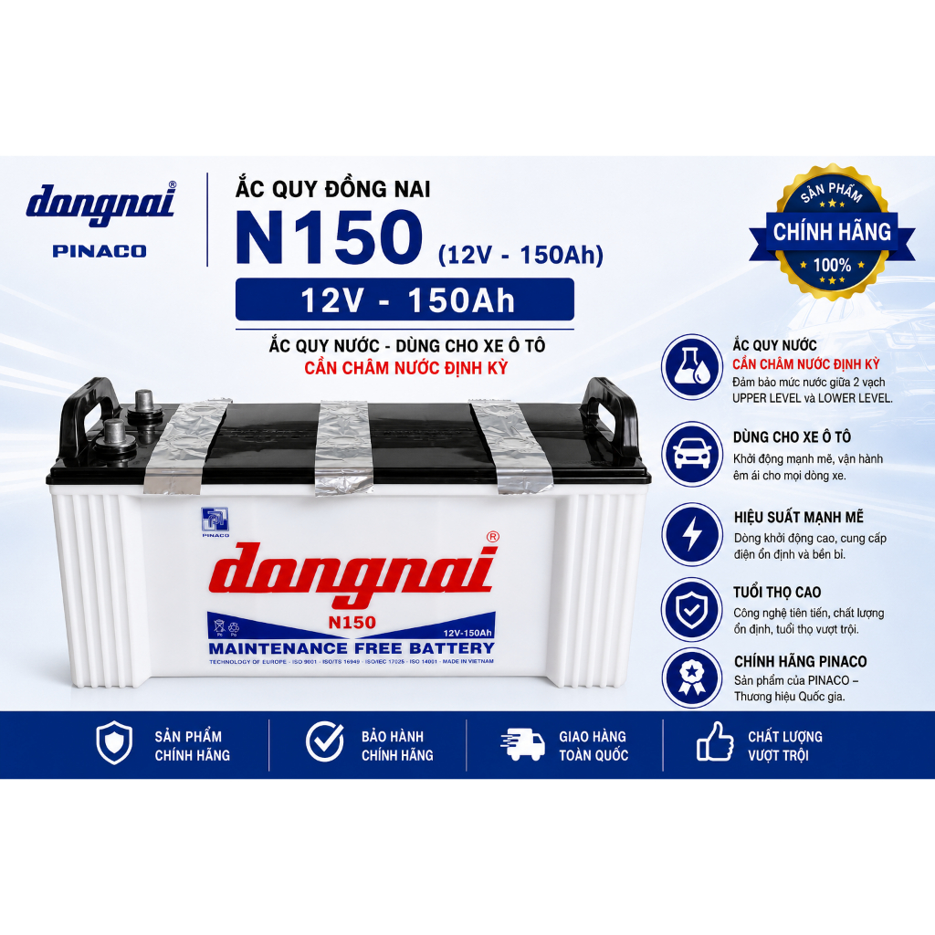Bình ắc quy nước 12v đồng nai N150 | 12V - 150ah dùng cho xe tải, tàu thuyền, máy phát điện