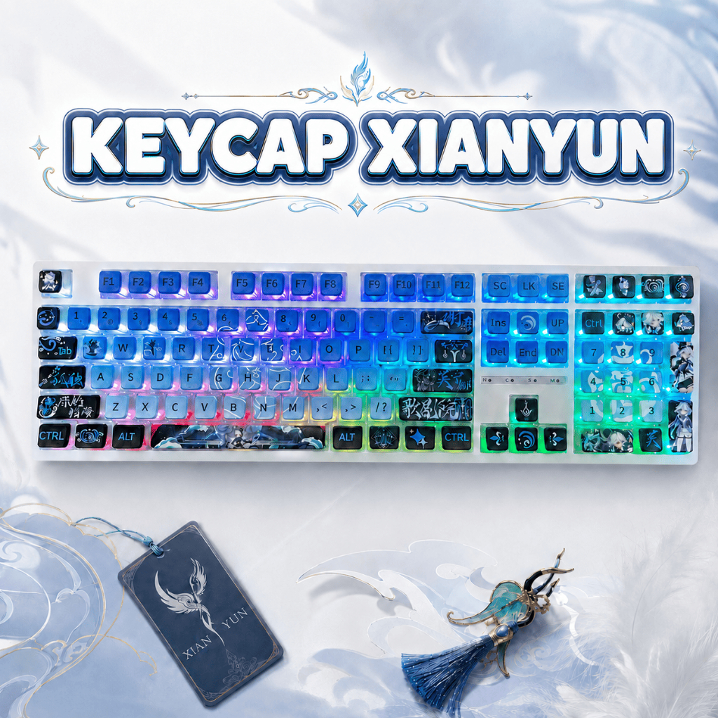Keycap Xianyun Genshin Pudding Xuyên LED Tông Xanh Trắng, Keycap Anime PBT Cho Bàn Phím Cơ