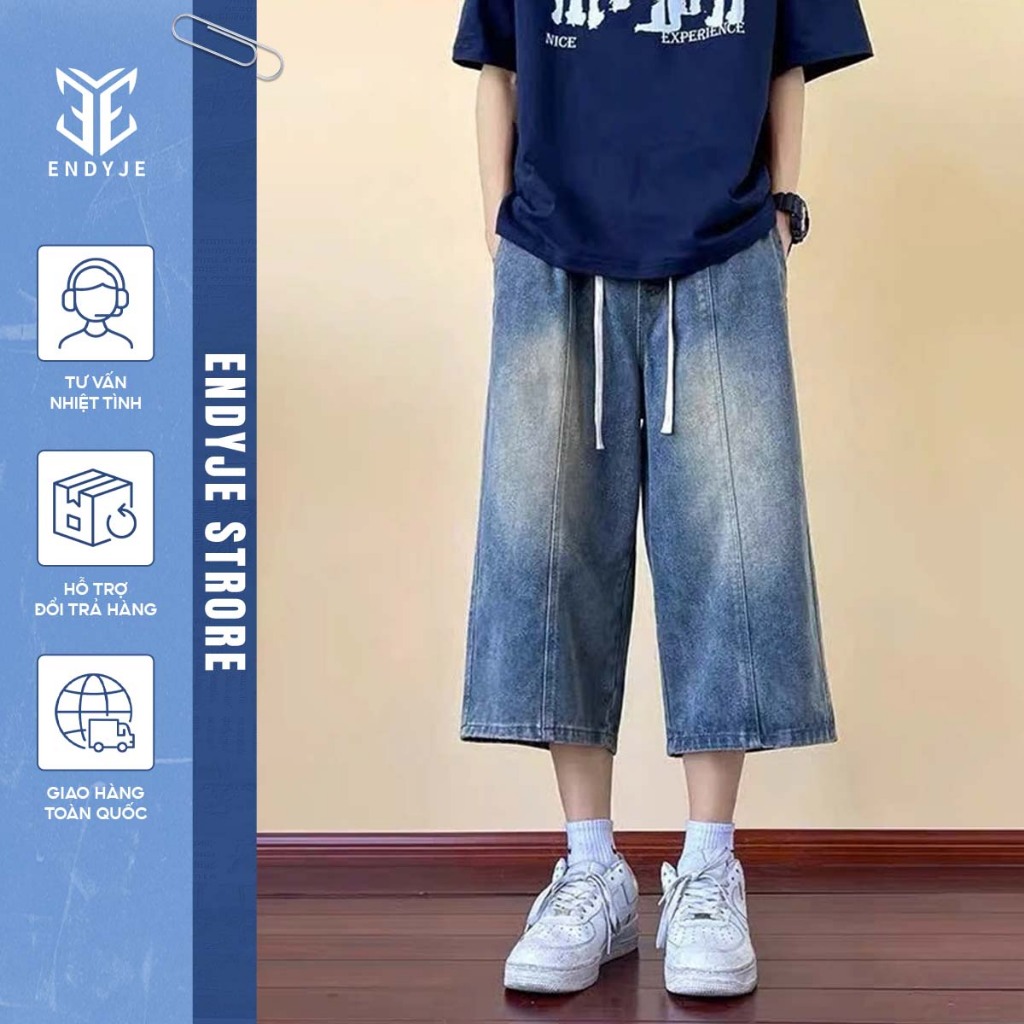Quần Jeans Lửng Nam Cạp Chun Ống Đứng Dáng Rộng, Quần Short Jeans Nam Phong Cách Streetwear TD010