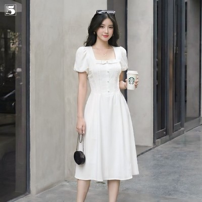 Đầm nữ Twentyfive dáng dài, cổ vuông, xếp ly 2 bên eo, đính nơ ngực DH141