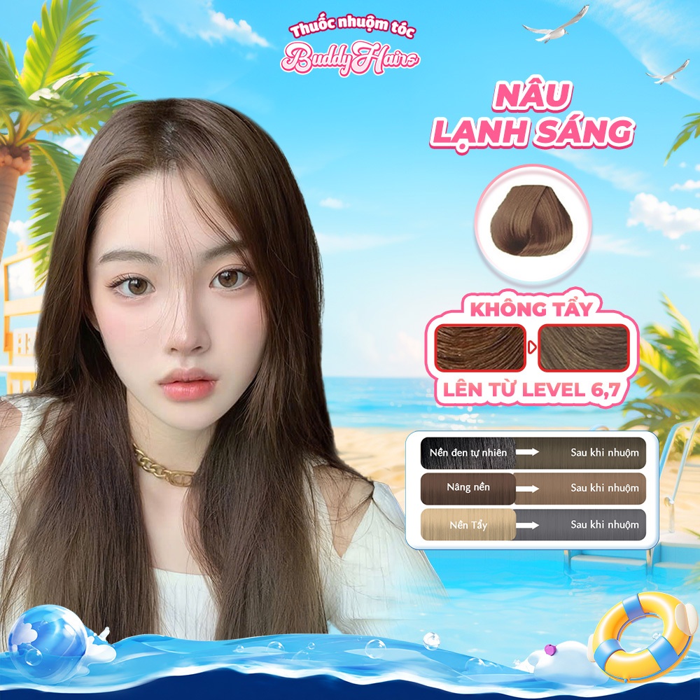Thuốc nhuộm tóc Nâu Lạnh Sáng, Nâu Lạnh, Nâu Trà Sáng không cần dùng Thuốc tẩy tóc Buddyhairs, Buddy
