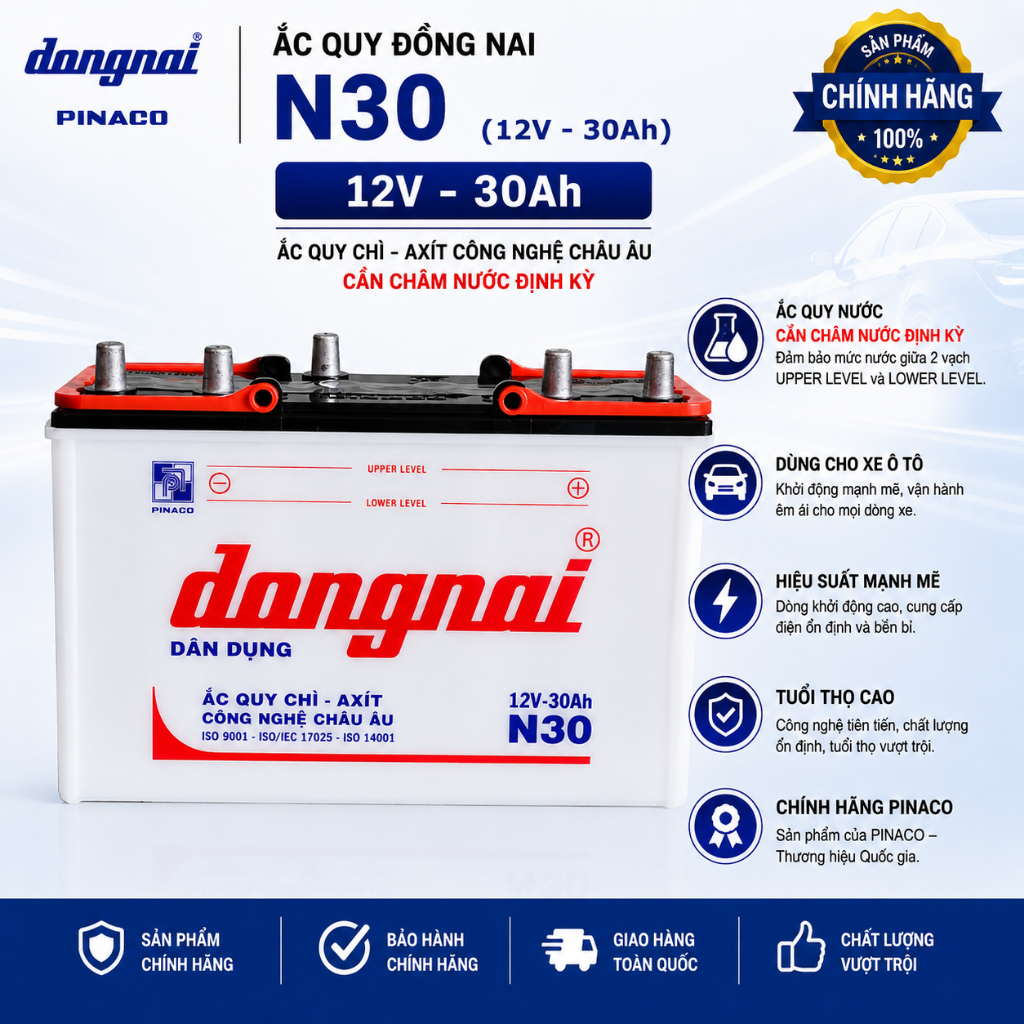 Bình 12v dân dụng đồng nai N30 | 12V - 30ah (tặng acid châm bình) sài cho thắp đèn led, chích cá