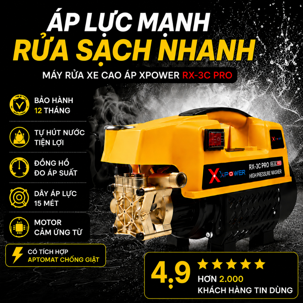 Máy Rửa Xe Cao Áp XPOWER RX-3C PRO Motor Cảm Ứng Từ Tự Hút Nước Dây 15M Có Đồng Hồ Áp Suất Máy Xịt R