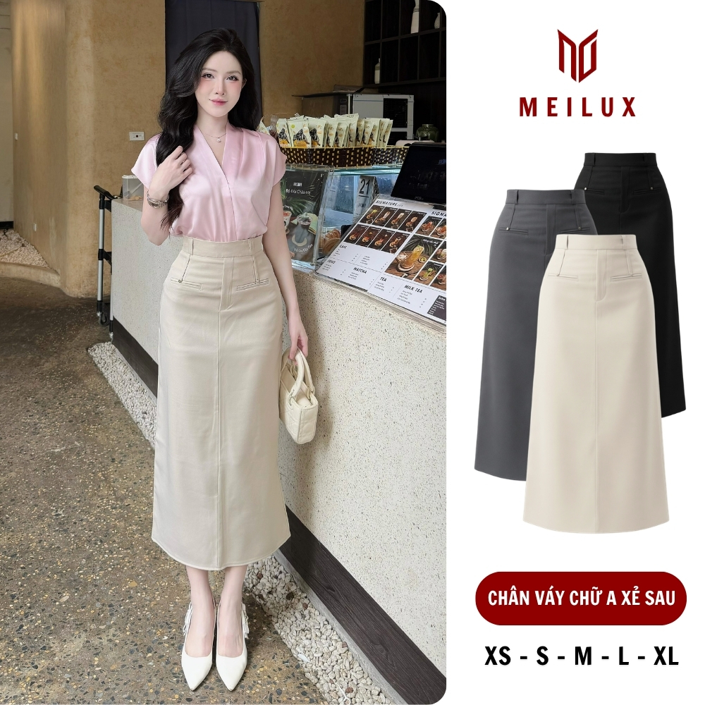 Chân váy chữ A MEILUX dài 85cm chất chéo Nhật cạp cao xẻ sau che bụng tôn dáng có bigsize CV119