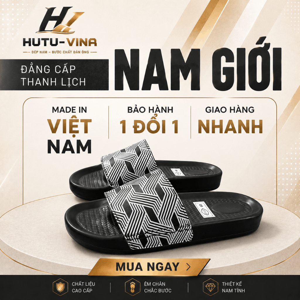 Dép Quai Ngang Nam HUTU-VINA Họa Tiết Hình Học 3D Cá Tính - Dép Nam Thời Trang Đế Đúc Siêu Nhẹ Chống