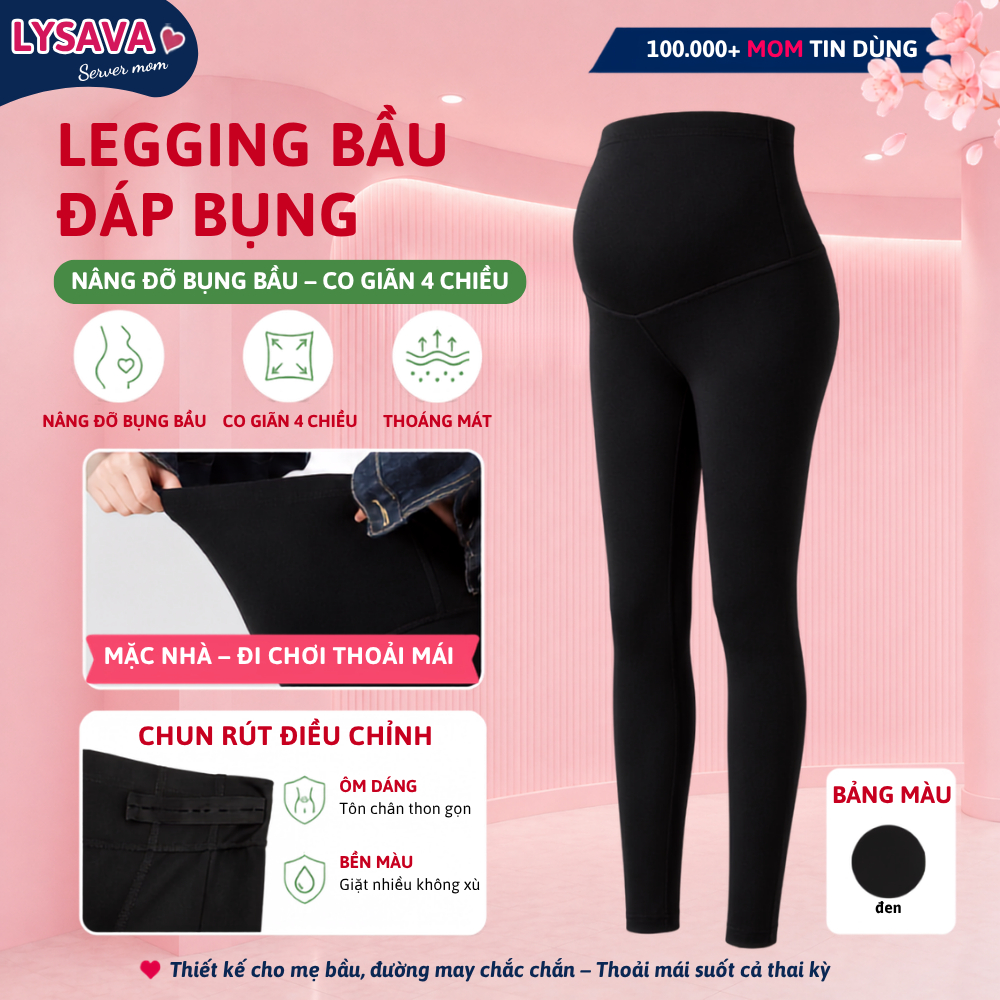 Quần Legging Bầu LYSAVA Đáp Bụng Chun Điều Chỉnh Chất Cotton Co Giãn - Legging Bầu Co Giãn 4 Chiều C