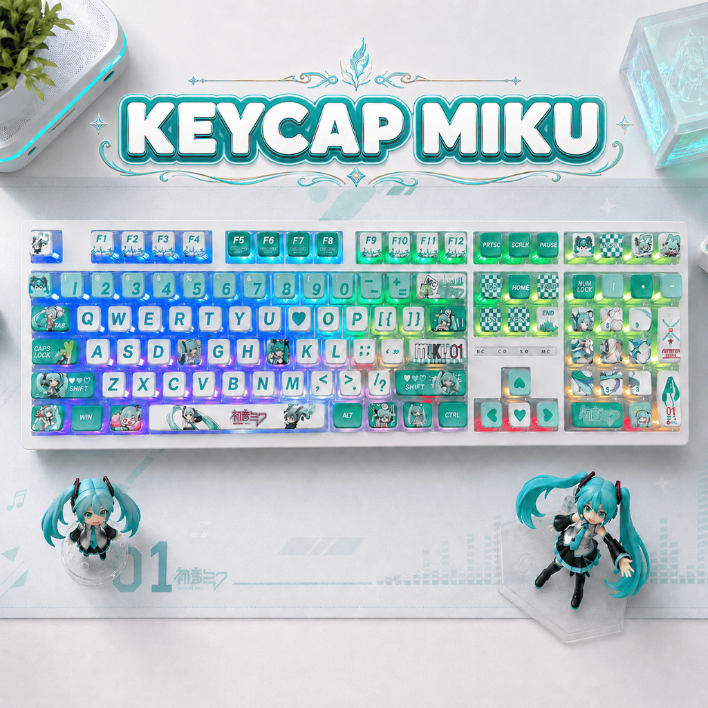 Keycap Miku Pudding Xuyên LED Tông Xanh Trắng, Keycap Anime PBT Cho Bàn Phím Cơ