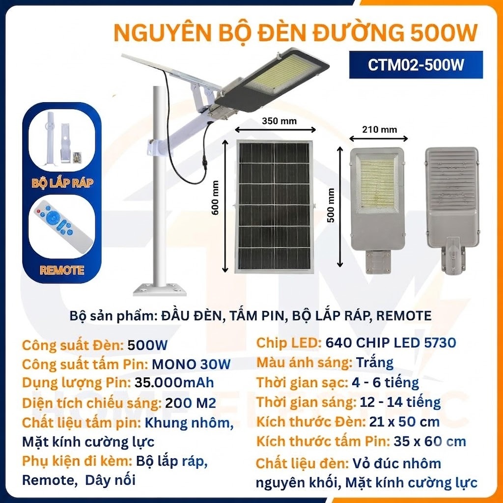 Đèn Đường Năng Lượng Mặt Trời Vỏ Nhôm 500W chiếu sáng sân vườn, chống thấm IP68