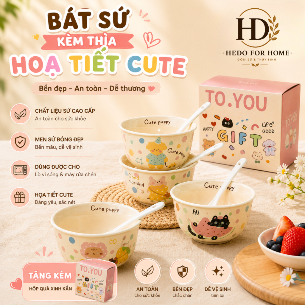 [TẶNG HỘP QUÀ] Bộ Bát Sứ Kèm Thìa Sứ Hộp Quà HEDO Cao Cấp Chịu Nhiệt, Bát Sứ Quà Tặng Dễ Thương 1 Bá