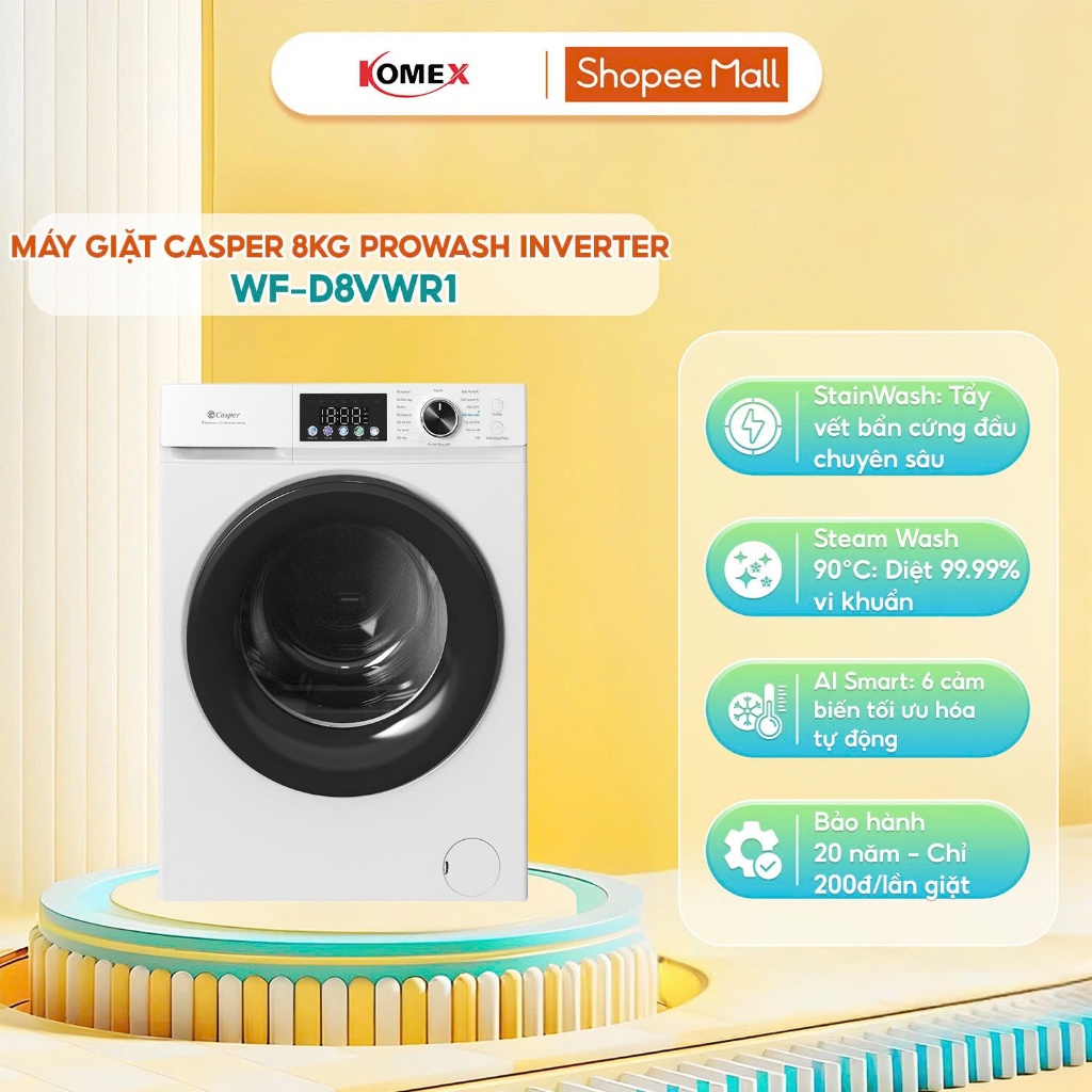 [Inverter] Máy giặt cửa ngang Casper ProWash Inverter WF-D8VWR1 (8kg), Chính hãng, Bảo hành 2 năm