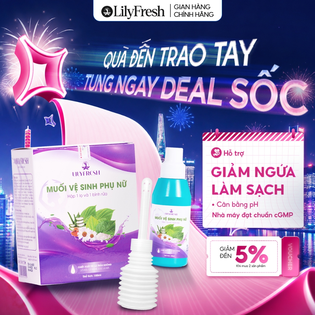 Muối Vệ Sinh Phụ Nữ LilyFresh Chiết Xuất Trầu Không Nano Nghệ Lô Hội - Hộp 1 Lọ + 1 Bình Rửa 100ml