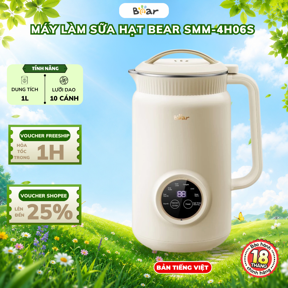 Máy làm sữa hạt 1L Bear SMM-4H06S (DJJ-D06W5), 800W, Đa Năng 8 Chế độ nấu, Hẹn giờ,Bảo Hành 18 Tháng