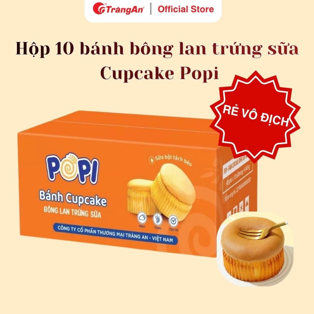 Bánh Cupcake Bông Lan Trứng Sữa POPI Tràng An Cao Cấp 48g Mềm Thơm Dinh Dưỡng Tiện Lợi