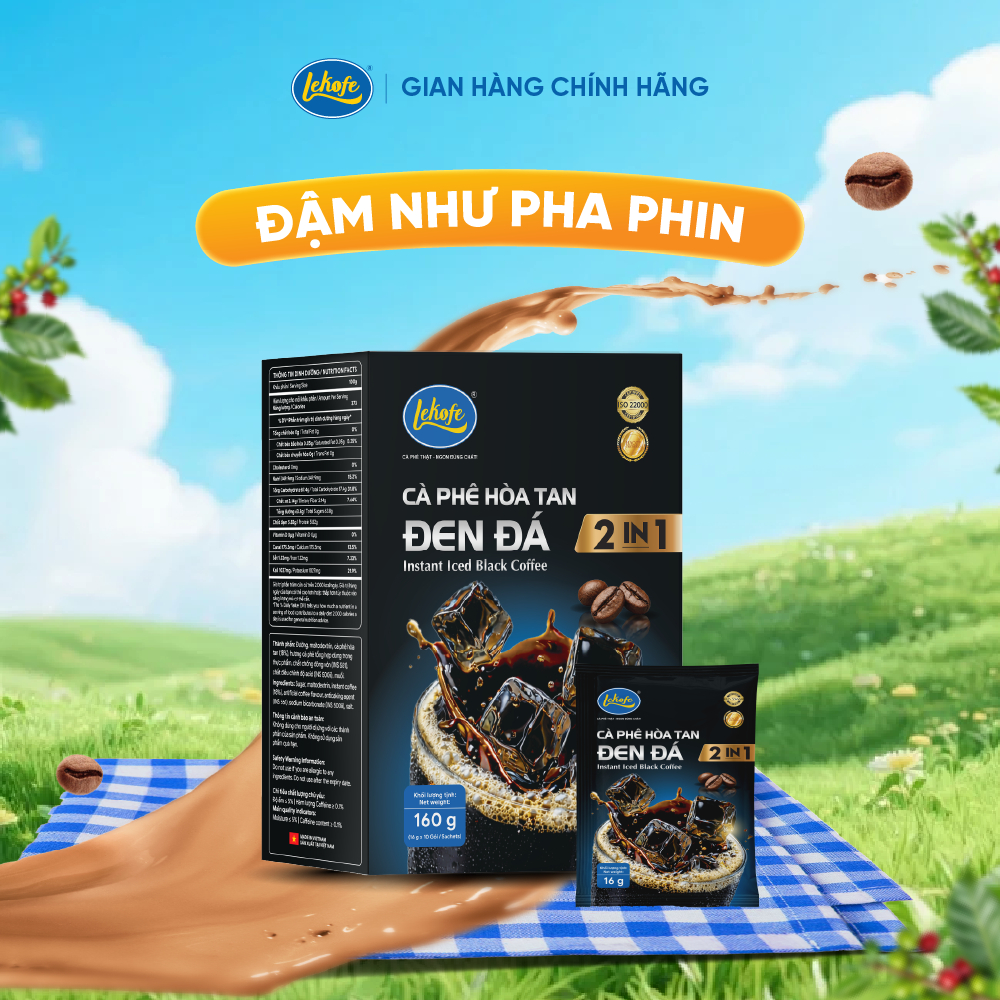 Lekofe Cà Phê Hòa Tan Đen Đá 2in1 160g (10 gói x 16g) -  Đậm Như Pha Phin