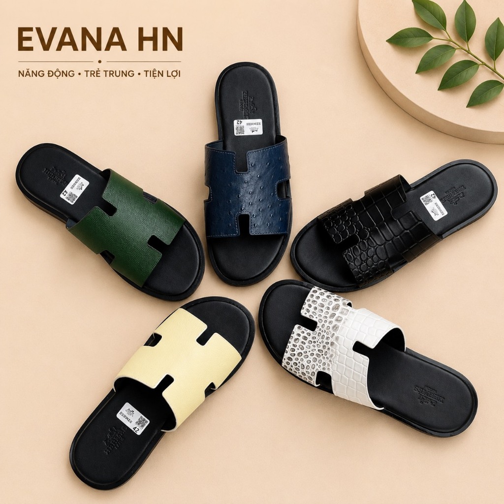 Dép HM nam quai da bò hàng siêu cấp - Dép đế phip dán Vbram-d14