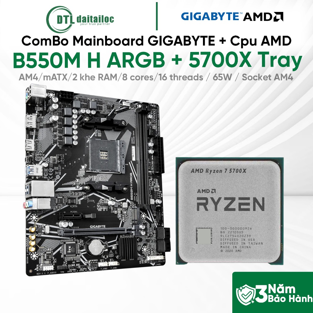 ComBo Mainboard GIGABYTE B550M H ARGB + Cpu AMD Ryzen 7 5700X Tray | Chính Hãng | Bảo Hành 36 Tháng