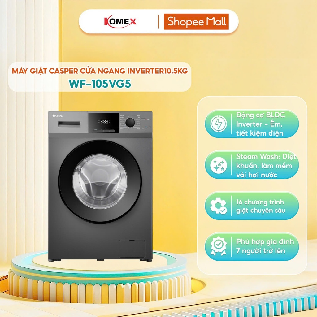 Máy giặt cửa ngang Casper WF-95VG5 (9,5 kg), WF-105VG5 (10,5 kg) Chính hãng, Bảo hành 2 năm