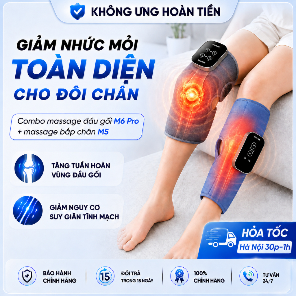 Combo Máy Mát Xa Chườm Ấm Giảm Nhức Mỏi Đầu Gối BUMAS M6 Pro Và Máy Massage Bắp Chân BUMAS M5