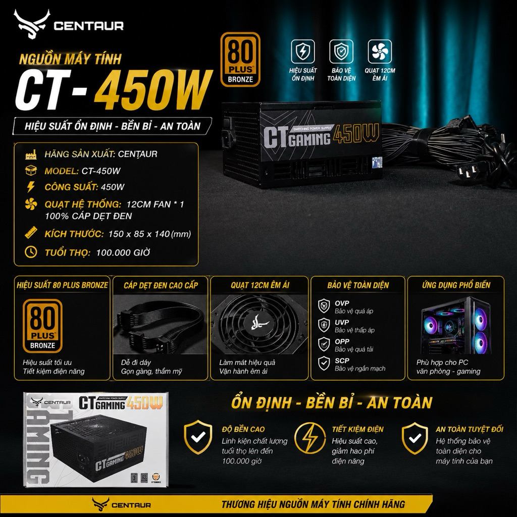 Nguồn CENTAUR CT-450W Gaming 450W Công Suất Thực - BH 3 Năm