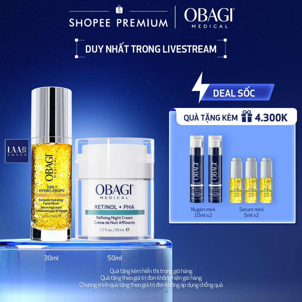 [Obagi-Lucie] Bộ đôi Kem Dưỡng Đêm Obagi Retinol + PHA 50ml và Serum Dưỡng Ẩm & Làm Dịu Da Obagi Dai
