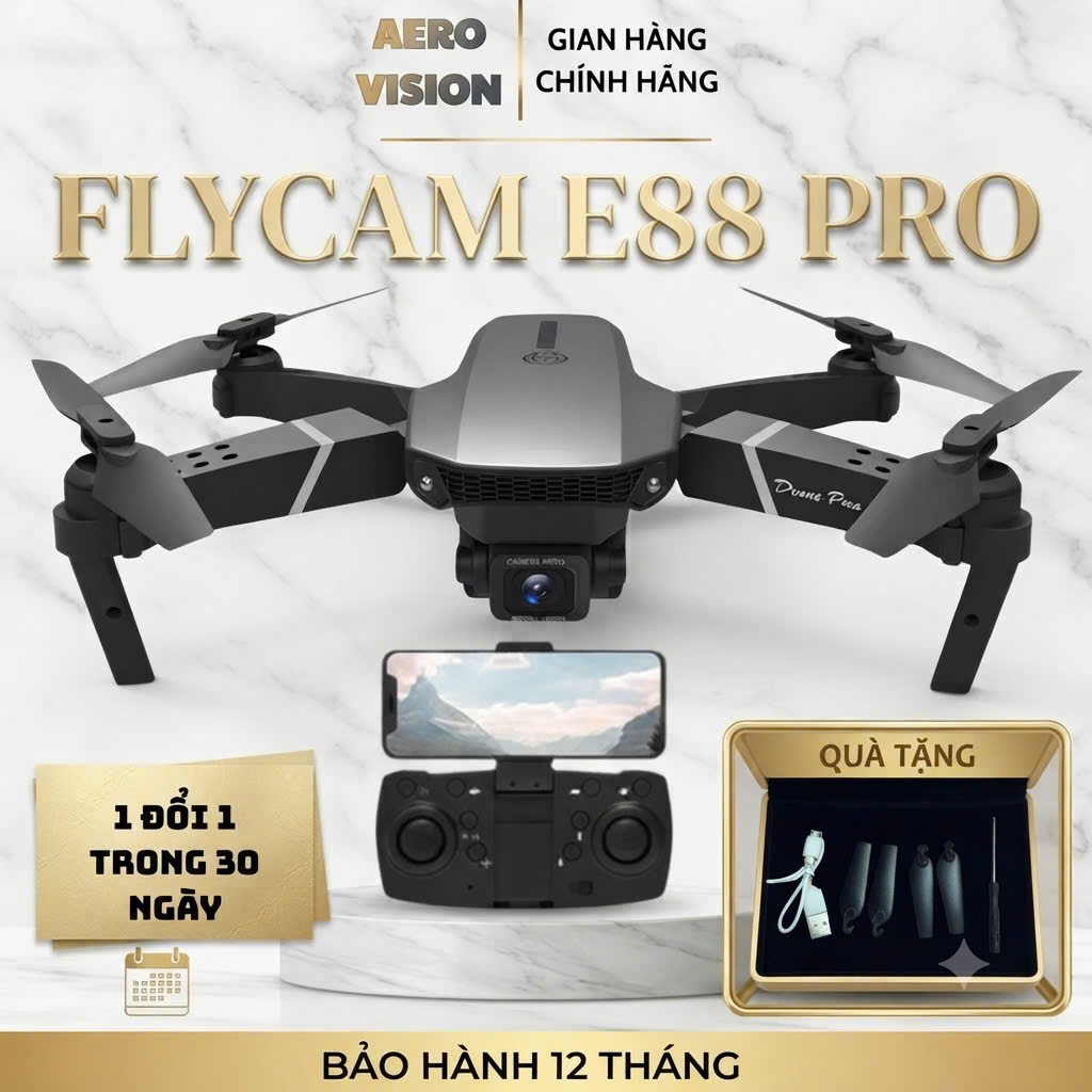 Flycam E88 Pro, Động cơ có chổi than, camera 4K, điều khiển xa cực mượt, Plycam