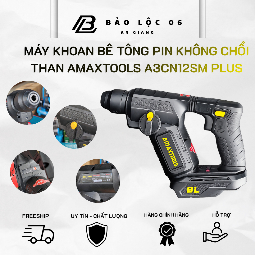 Máy Khoan Bê Tông Pin Không Chổi Than AMAXTOOLS A3CN12SM Plus+ 21V – Đầu Gài SDS Plus – Lực Đập 1.7J