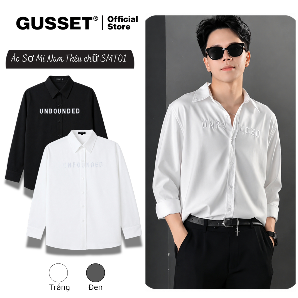 Áo Sơ Mi Nam Form Rộng Oversize GUSSET SMT01 Tay Ngắn Thêu Chữ UNBOUNDED, Vải Lụa Cao Cấp, Mặc Đi Ch