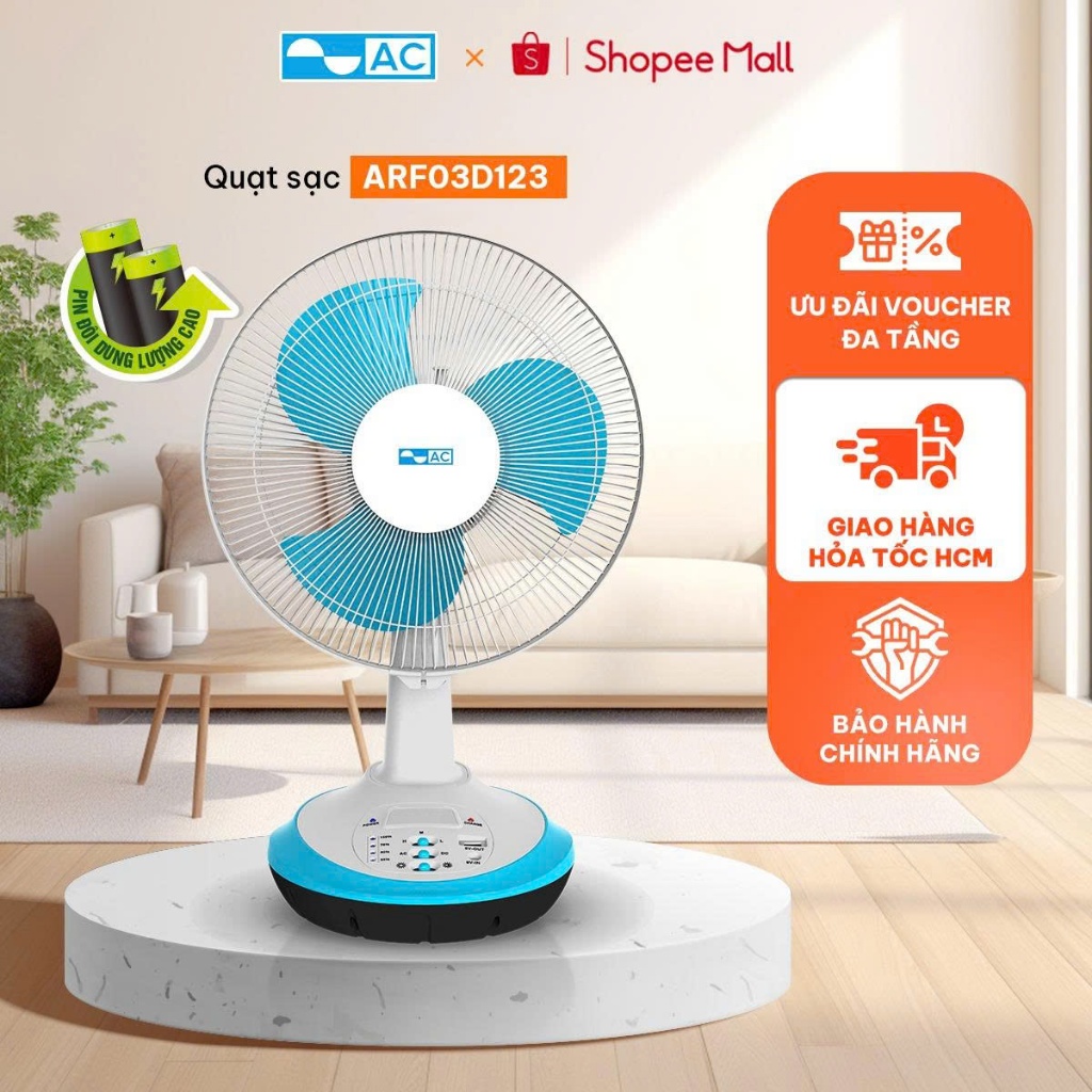 [HT HCM] Quạt Sạc Điện 30W AC ARF03D123 30W, USB, 2 bình x 4500mAh Sử Dụng 12h, Có đèn led BH 24 Thá