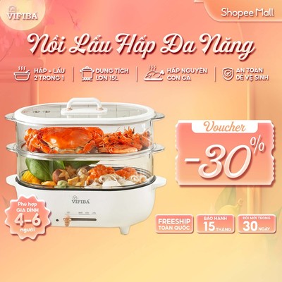 Nồi Lẩu Điện Hấp 2 Tầng KACHI VIFIBA - NồI Vừa Nấu Lẩu Vừa Hấp - Công Suất 1000W, Dung Tích Nấu 15L