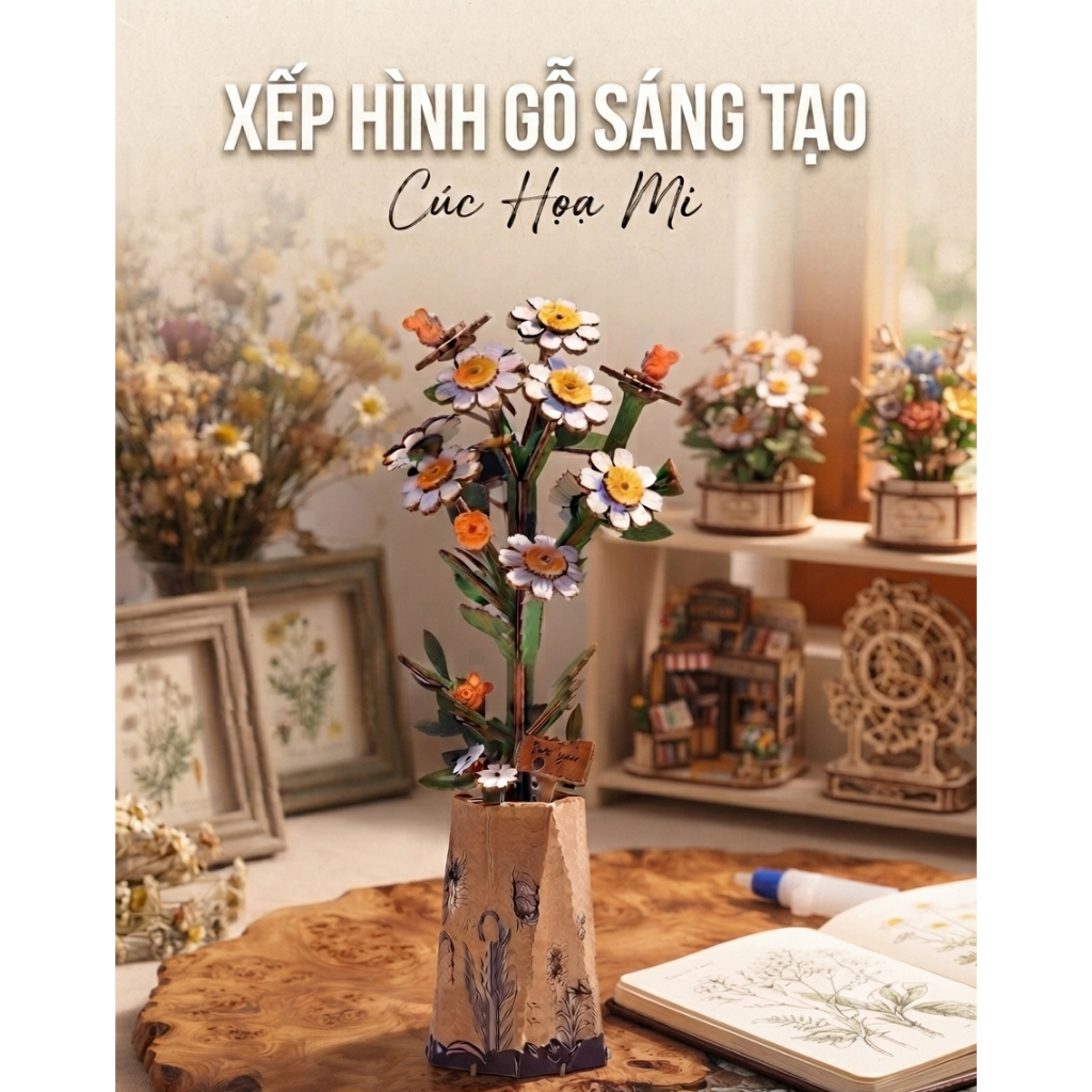 Mô Hình Lắp Ráp 3D BẰNG GỖ ROWOOD CÚC HỌA MI - WOODEN BLOOM CRAFT