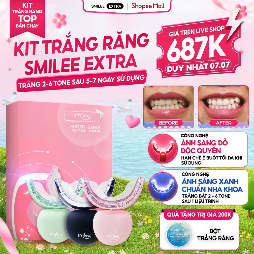 [GIÁ 620K TẠI LIVE SHOP] Trắng Răng Smilee Extra, bộ kit làm trắng răng từ 2-6 tone tại nhà set quà tặng cho nữ LIS | BigBuy360 - bigbuy360.vn