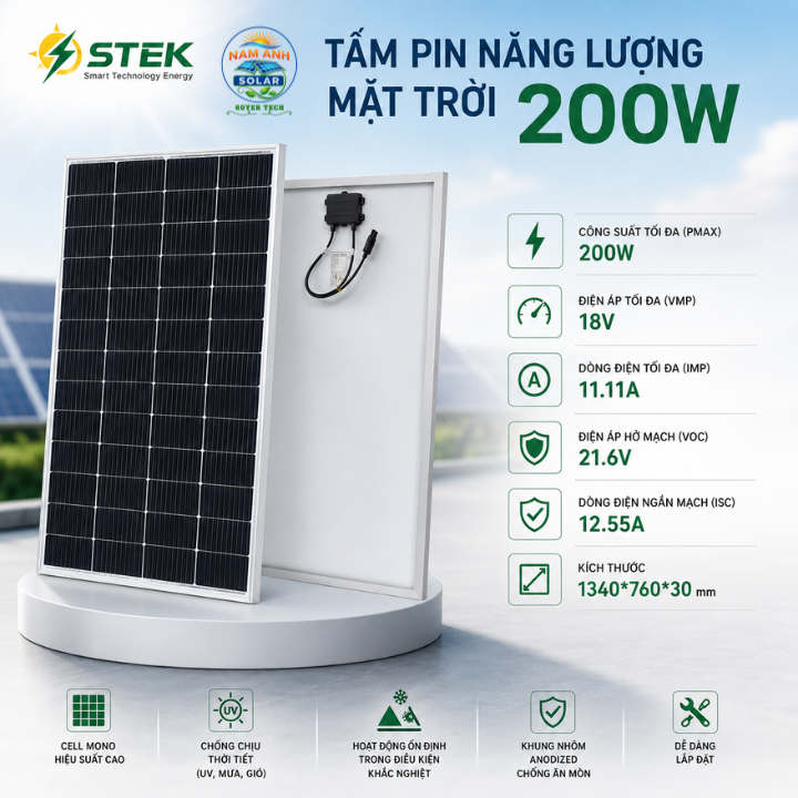 Tấm Pin Năng Lượng Mặt Trời  200W STEK CÔNG SUẤT 11BB 18V - ST 64M-200W