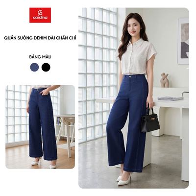 Quần jean nữ CARDINA chất liệu denim dáng suông dài chần chỉ 6QJT05