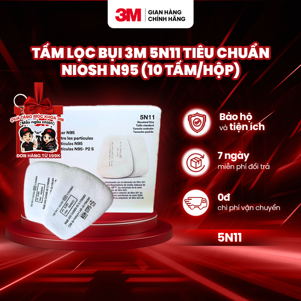Tấm lọc bụi 3M 5N11 Tiêu chuẩn NIOSH N95, lọc ít nhất 95% - 10 tấm/hộp