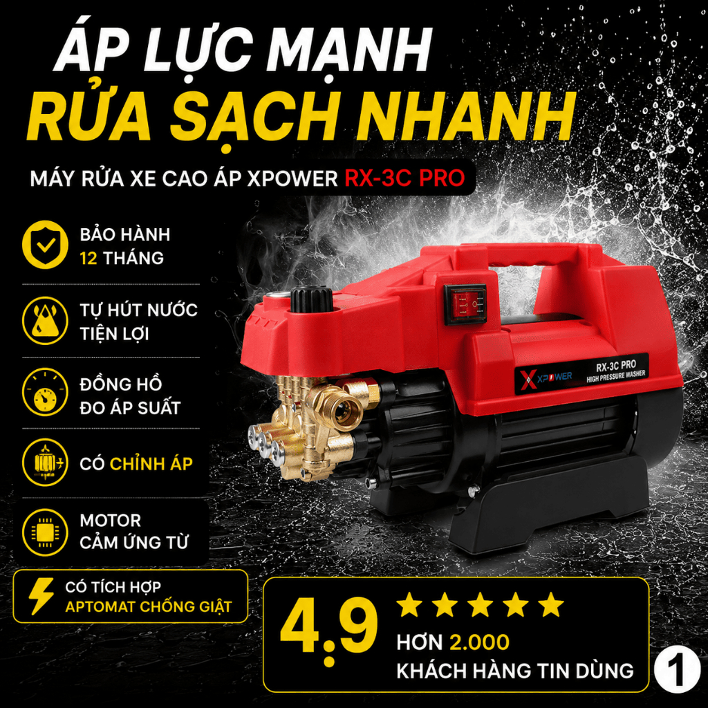 Máy Rửa Xe Cao Áp XPOWER RX-3D Pro 170Bar Động Cơ Cảm Ứng Từ Chỉnh Áp Tự Hút Nước Chống Giật Dây 15M