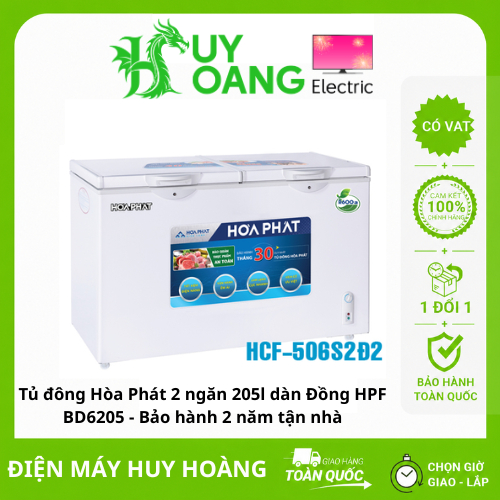 [Giao hàng toàn quốc] Tủ đông Hòa Phát 2 ngăn 205l dàn Đồng HPF BD6205 - Bảo hành 2 năm tận nhà