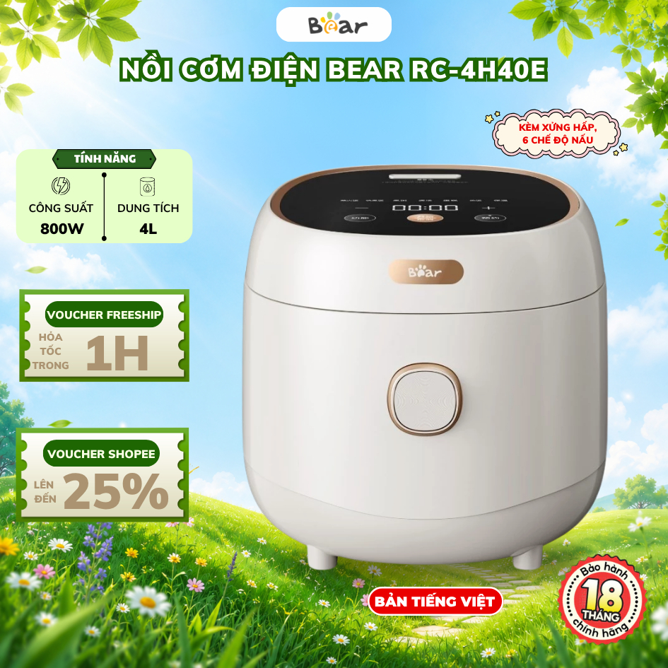 Nồi cơm điện 4L Kèm Lồng Hấp Bear RC-4H40E (DFB-C40K6), Lòng nồi 5 lớp giữ ấm, Hẹn giờ, BH 18 Tháng