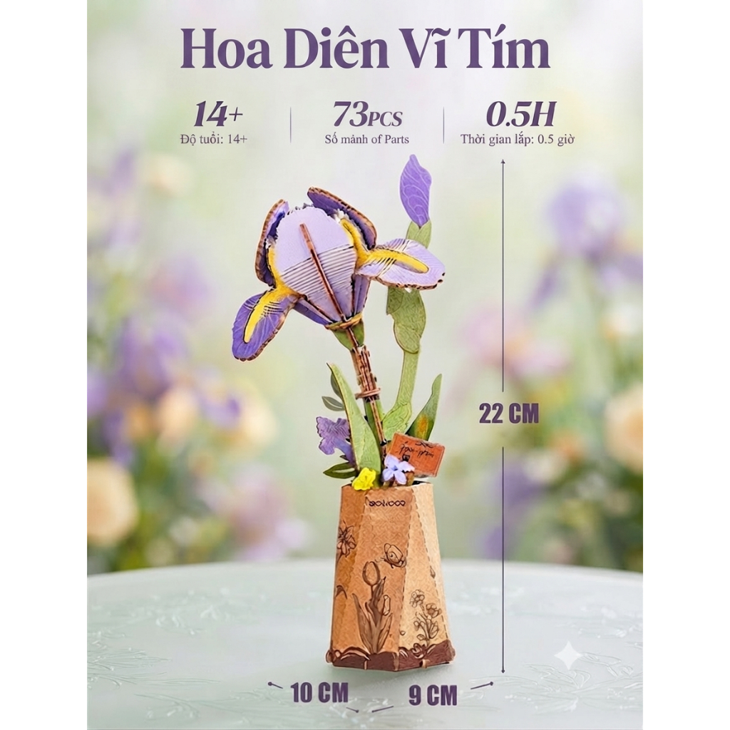 Mô Hình Lắp Ráp 3D BẰNG GỖ ROWOOD DIÊN VĨ TÍM - WOODEN BLOOM CRAFT